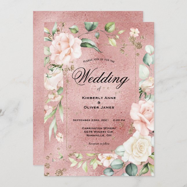 Invitación Elegante Eucalipto floral Boda metálico rosa (Anverso / Reverso)