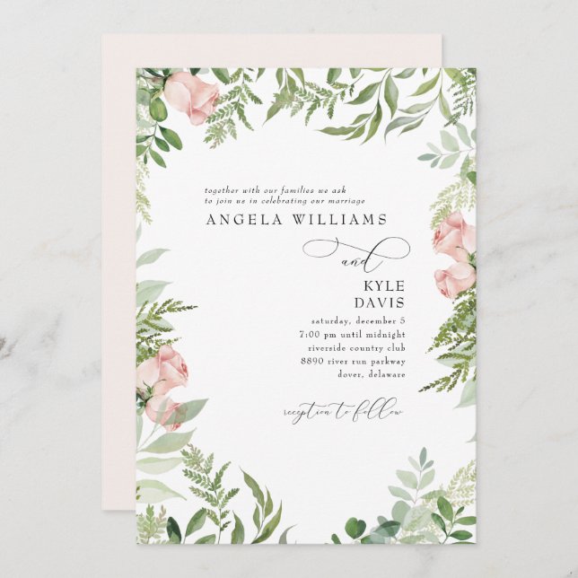 Invitación Elegante Eucalipto Floral Rosa/Rubor Sin Padres (Anverso / Reverso)