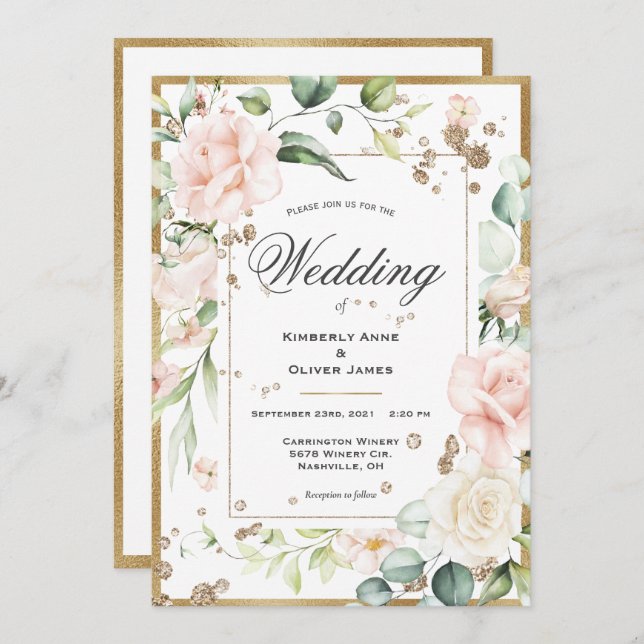 Invitación Elegante Eucalipto Floral Watercolor Boda Rosa (Anverso / Reverso)