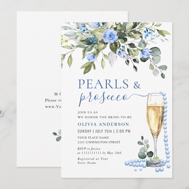 Invitación Elegante eucalipto Flores azules PEARLS & Prosecco (Anverso / Reverso)