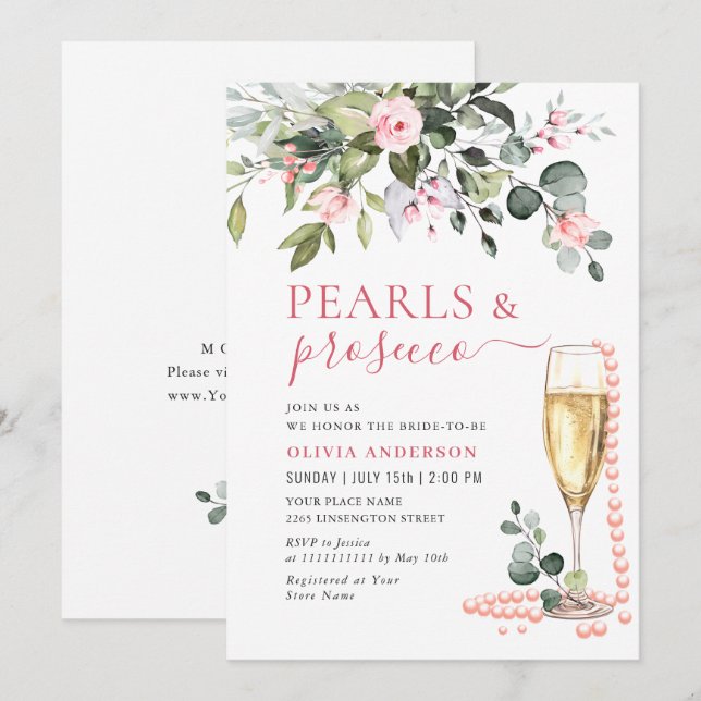 Invitación Elegante eucalipto Flores rosas PEARLS & Prosecco (Anverso / Reverso)
