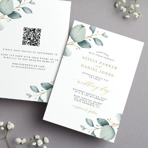 Invitación Elegante eucalipto oro verde QR boda RSVP