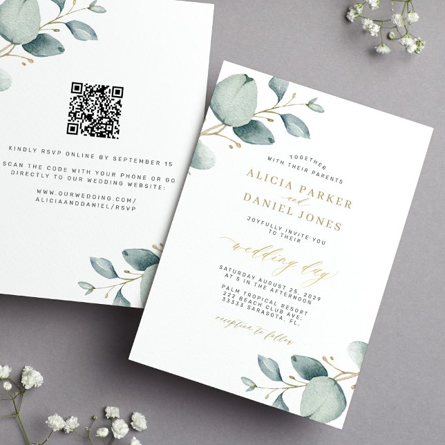 Invitación Elegante eucalipto oro verde QR boda RSVP (Subido por el creador)