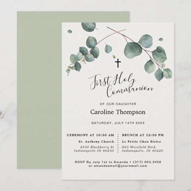 Invitación Elegante Eucalipto Primera Comunión Santa (Anverso / Reverso)
