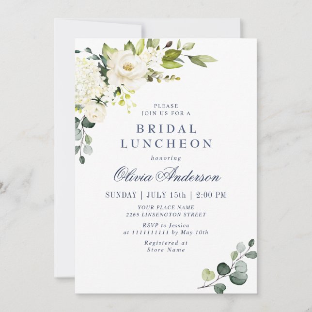 Invitación Elegante Eucalipto Rosas Blancas BRIDAL LUNCHEON (Anverso)