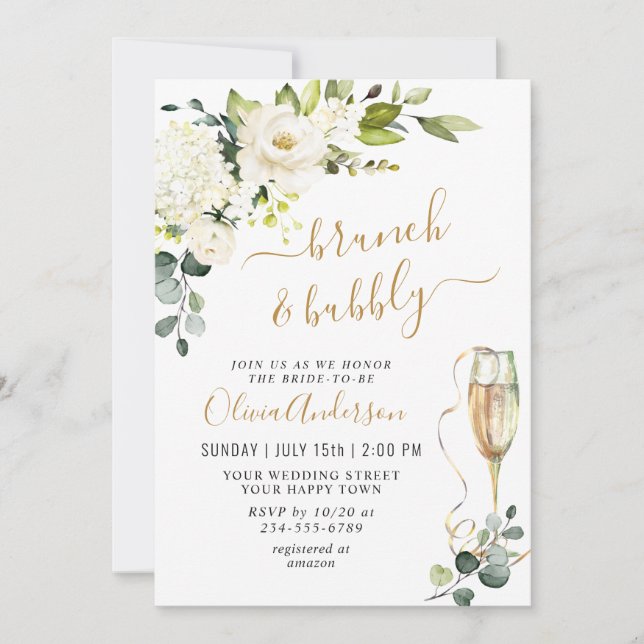 Invitación Elegante Eucalipto Rosas Blancas Brunch & Bubbly (Anverso)