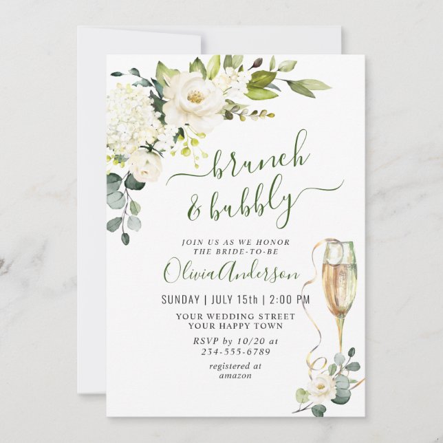 Invitación Elegante Eucalipto Rosas Blancas Brunch & Bubbly (Anverso)