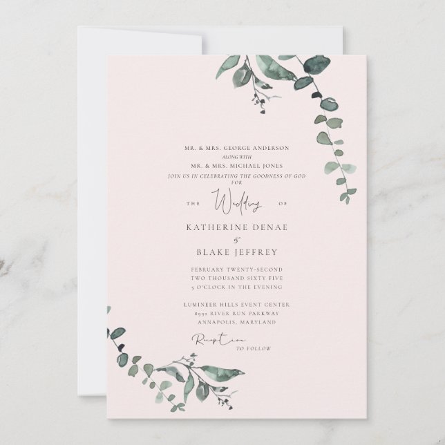 Invitación Elegante Eucalipto Rubor y la bondad de Dios Boda (Anverso)