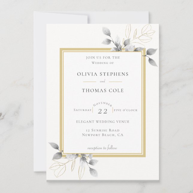Invitación Elegante Eucalipto Rústico Boda Oro Blanco Negro (Anverso)