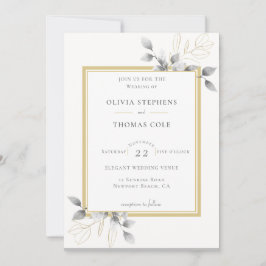 Invitación Elegante Eucalipto Rústico Boda Oro Blanco Negro