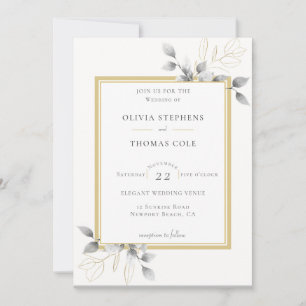 Invitación Elegante Eucalipto Rústico Boda Oro Blanco Negro
