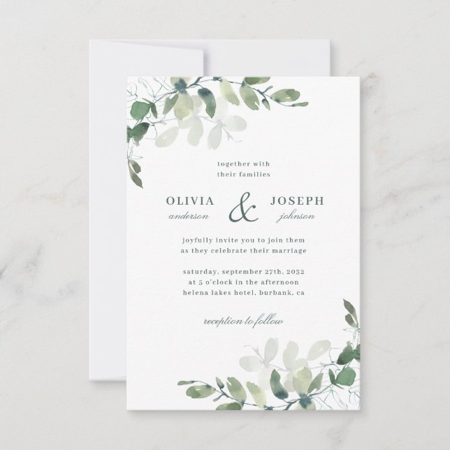 Invitación Elegante eucalipto rústico deja Boda de vegetación (Anverso)