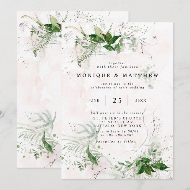 Invitación Elegante eucalipto rústico deja Boda rosa (Anverso / Reverso)