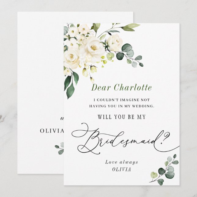 Invitación Elegante Eucalipto ¿Serás Mi Dama de Honor? (Anverso / Reverso)
