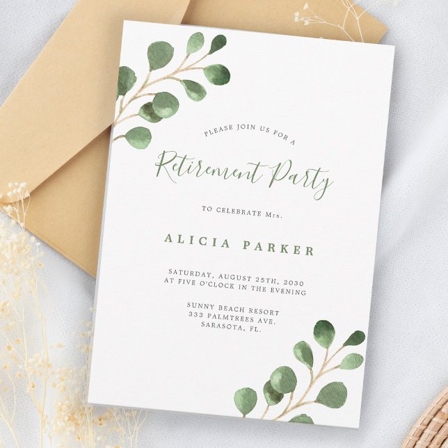Invitación Elegante eucalipto simple deja fiesta jubilatorio (Subido por el creador)
