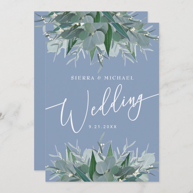 Invitación Elegante Eucalipto Verde Boda azul turbio (Anverso / Reverso)