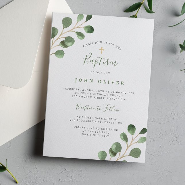 Invitación Elegante eucalipto verde cruz de oro Baptismo (Subido por el creador)