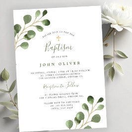 Invitación Elegante eucalipto verde cruz dorada Bautizo