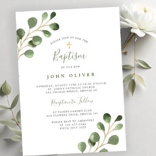 Invitación Elegante eucalipto verde cruz dorada Bautizo