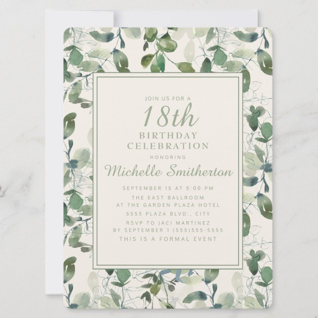 Invitación Elegante eucalipto verde deja 18 cumpleaños (Anverso)
