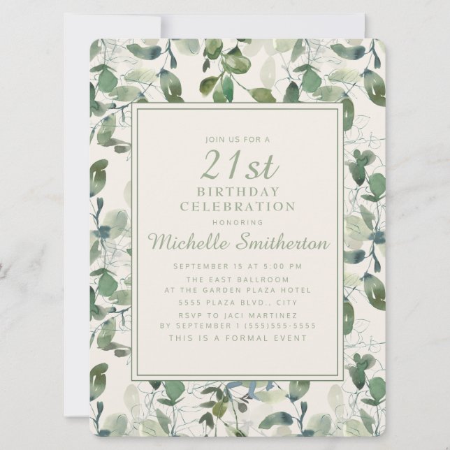 Invitación Elegante eucalipto verde deja 21 cumpleaños (Anverso)
