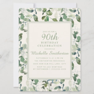 Invitación Elegante eucalipto verde deja 90 cumpleaños