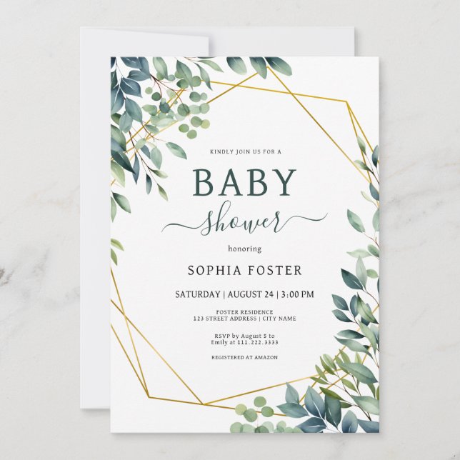 Invitación Elegante eucalipto verde deja Baby Shower (Anverso)