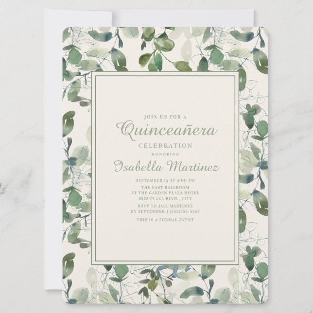 Invitación Elegante Eucalipto Verde deja Quinceanera (Anverso)
