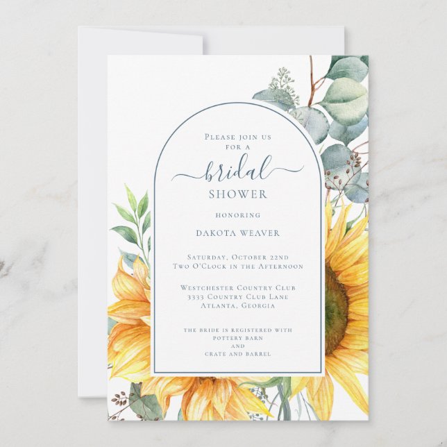 Invitación Elegante Eucalipto Verde Ducha de novia Sunflower (Anverso)
