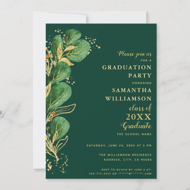 Invitación Elegante Eucalipto Verde Esmeralda Graduación 2025 (Anverso)