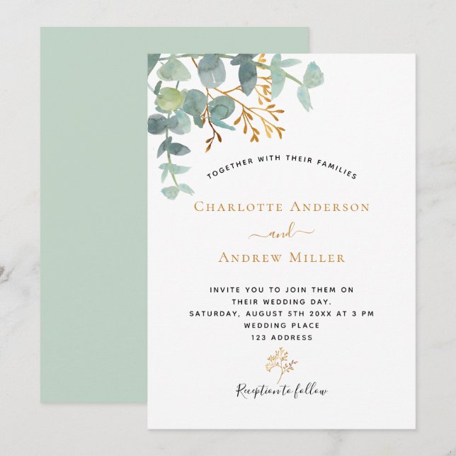 Invitación Elegante eucalipto verde oro boda moderno (Anverso / Reverso)