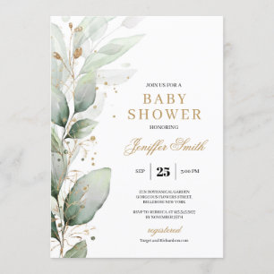 Invitación Elegante eucalipto verde y ducha de bebé dorada
