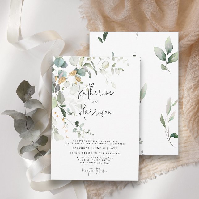 Invitación Elegante Eucalipto y Boda de Verdor de Oro (Subido por el creador)