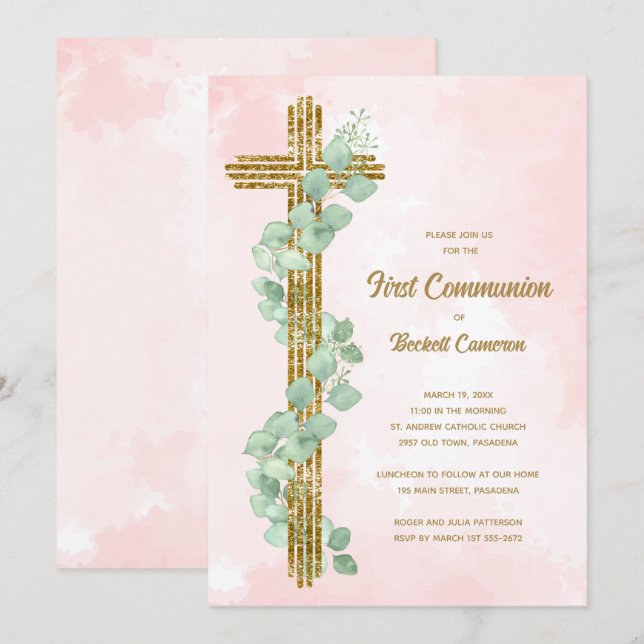 Invitación Elegante eucalipto y primera comunión cruzada rosa (Anverso / Reverso)