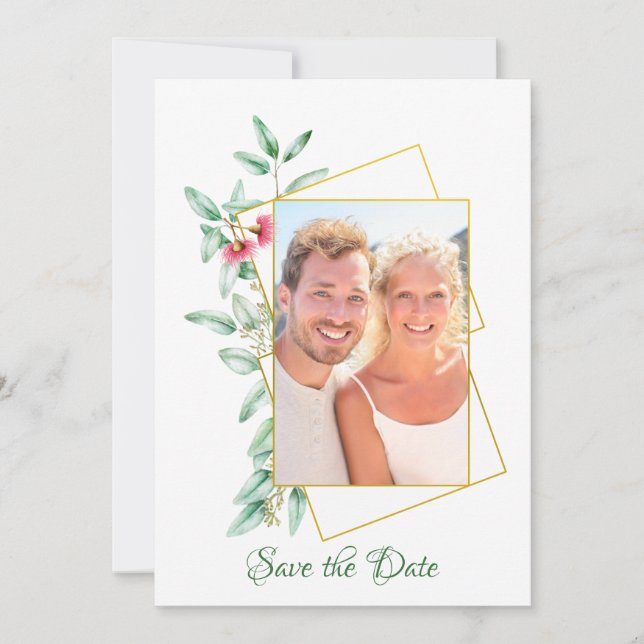 Invitación Elegante Eucalyotus Foto Geométrica Guardar la fec (Anverso)