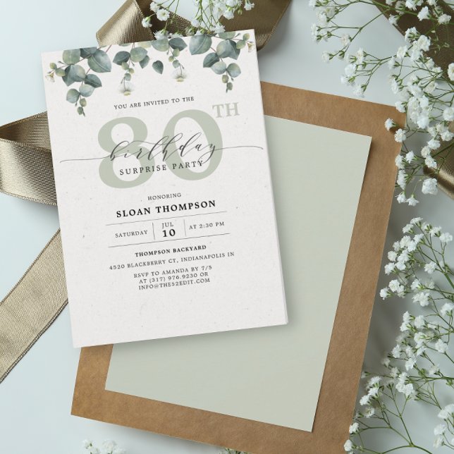 Invitación Elegante Eucalyptus 80 cumpleaños sorpresa (Subido por el creador)