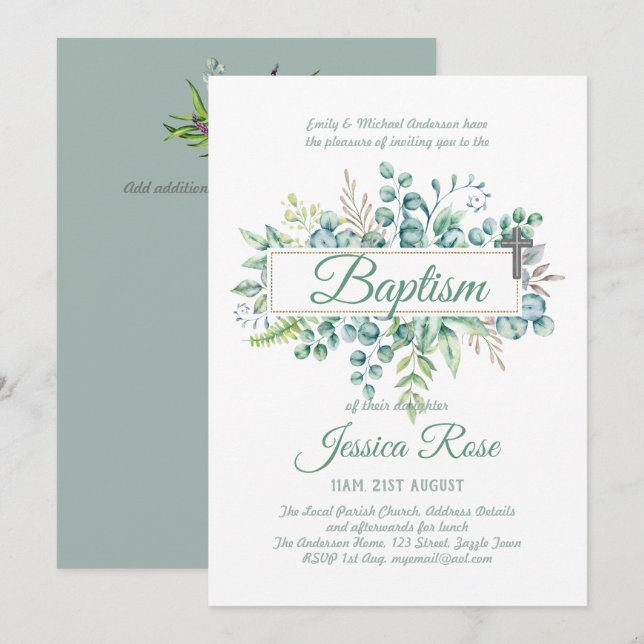 Invitación Elegante Eucalyptus bautismo Christening Green (Anverso / Reverso)