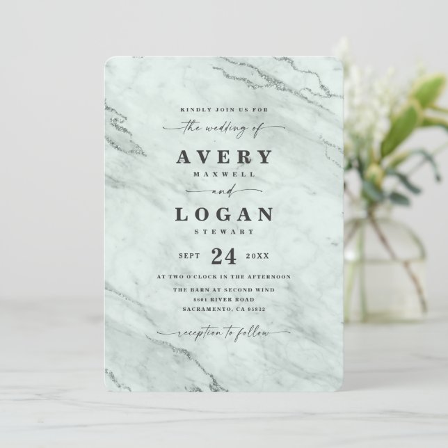 Invitación Elegante Eucalyptus Boda de Mármol Metálico Verde (Anverso de pie)