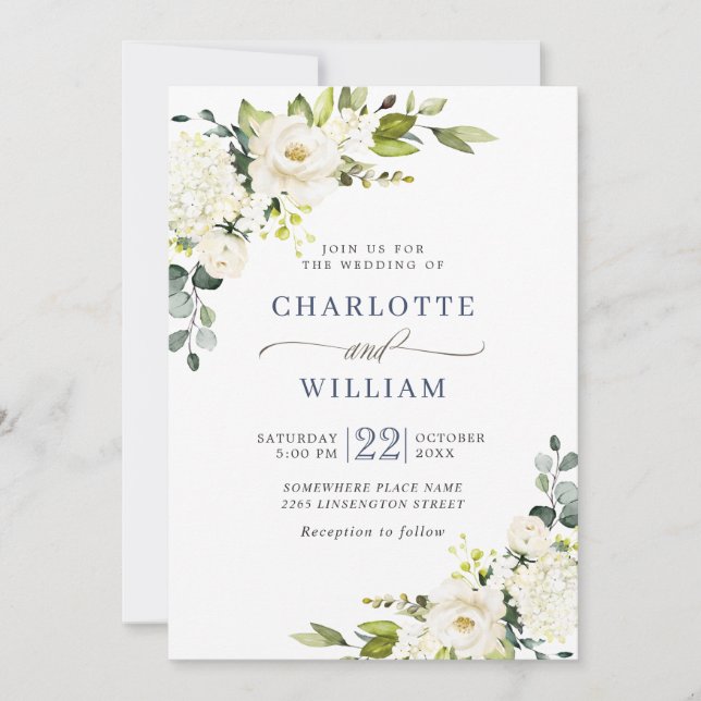 Invitación Elegante Eucalyptus Boda de Verdor de Rosas Blanca (Anverso)