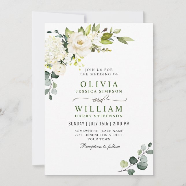 Invitación Elegante Eucalyptus Boda de Verdor de Rosas Blanca (Anverso)