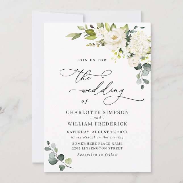 Invitación Elegante Eucalyptus Boda de Verdor de Rosas Blanca (Anverso)