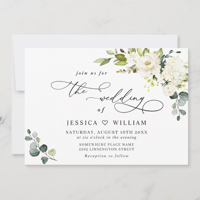 Invitación Elegante Eucalyptus Boda de Verdor de Rosas Blanca (Anverso)