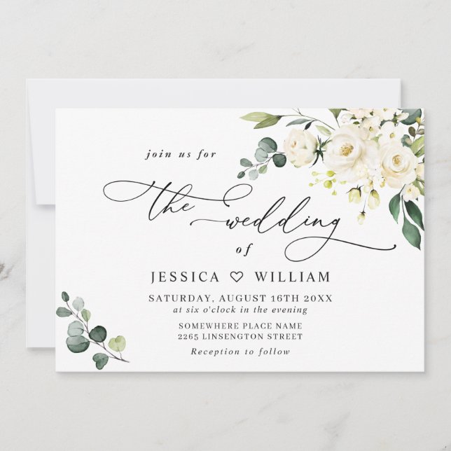 Invitación Elegante Eucalyptus Boda de Verdor de Rosas Blanca (Anverso)