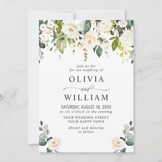 Invitación Elegante Eucalyptus Boda de Verdor de Rosas Blanca (Anverso)