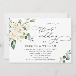 Invitación Elegante Eucalyptus Boda de Verdor de Rosas Blanca