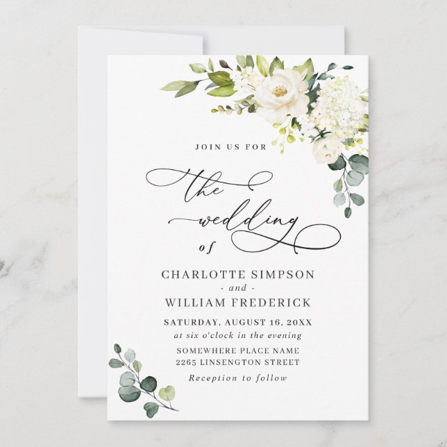Invitación Elegante Eucalyptus Boda de Verdor de Rosas Blanca (Anverso)