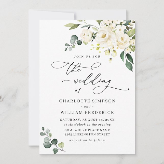 Invitación Elegante Eucalyptus Boda de Verdor de Rosas Blanca (Anverso)