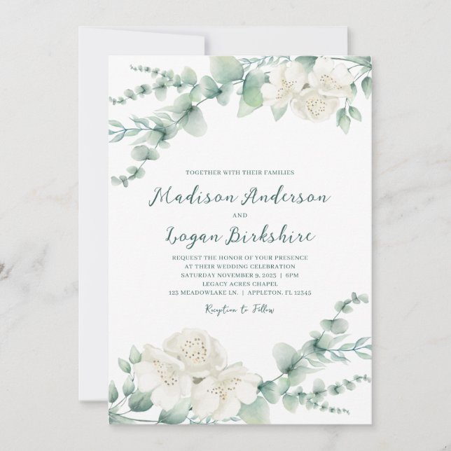 Invitación Elegante Eucalyptus Boda Peony Blanco (Anverso)