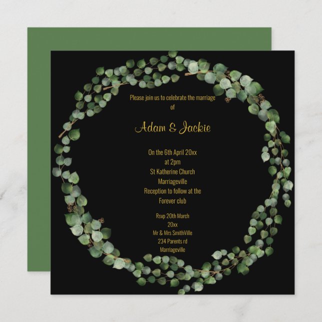 Invitación Elegante Eucalyptus Boda Wreath Full Black (Anverso / Reverso)