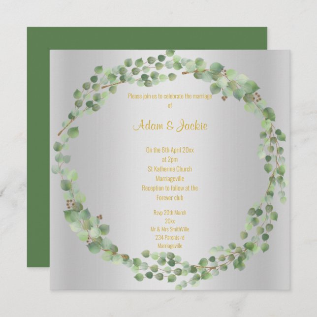 Invitación Elegante Eucalyptus Boda Wreath Full Silver (Anverso / Reverso)